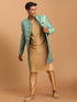 Vastramay Men's Green Silk Blend Sherwani With Rose Gold Kurta Pant Set